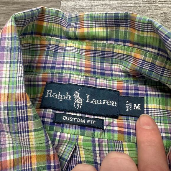 Vintage 90s Ralph Lauren Madras Purple Men M Custom Fit Preppy Button Up Shirt - Picture 4 of 9